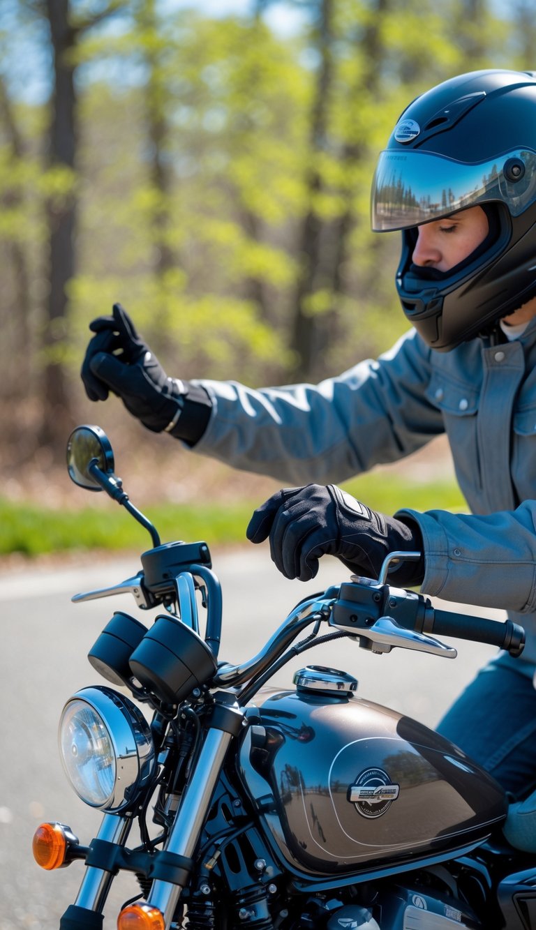 Person adjusting the side mirrors of a motorcycle outdoors on a clear day.