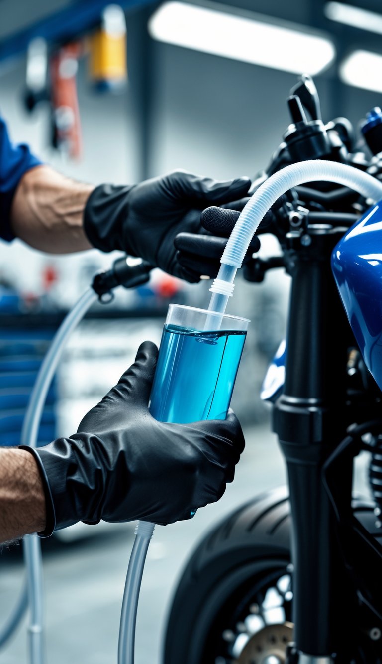 Close-up of a person flushing brake fluid from a motorcycle's brake fluid reservoir in a workshop.