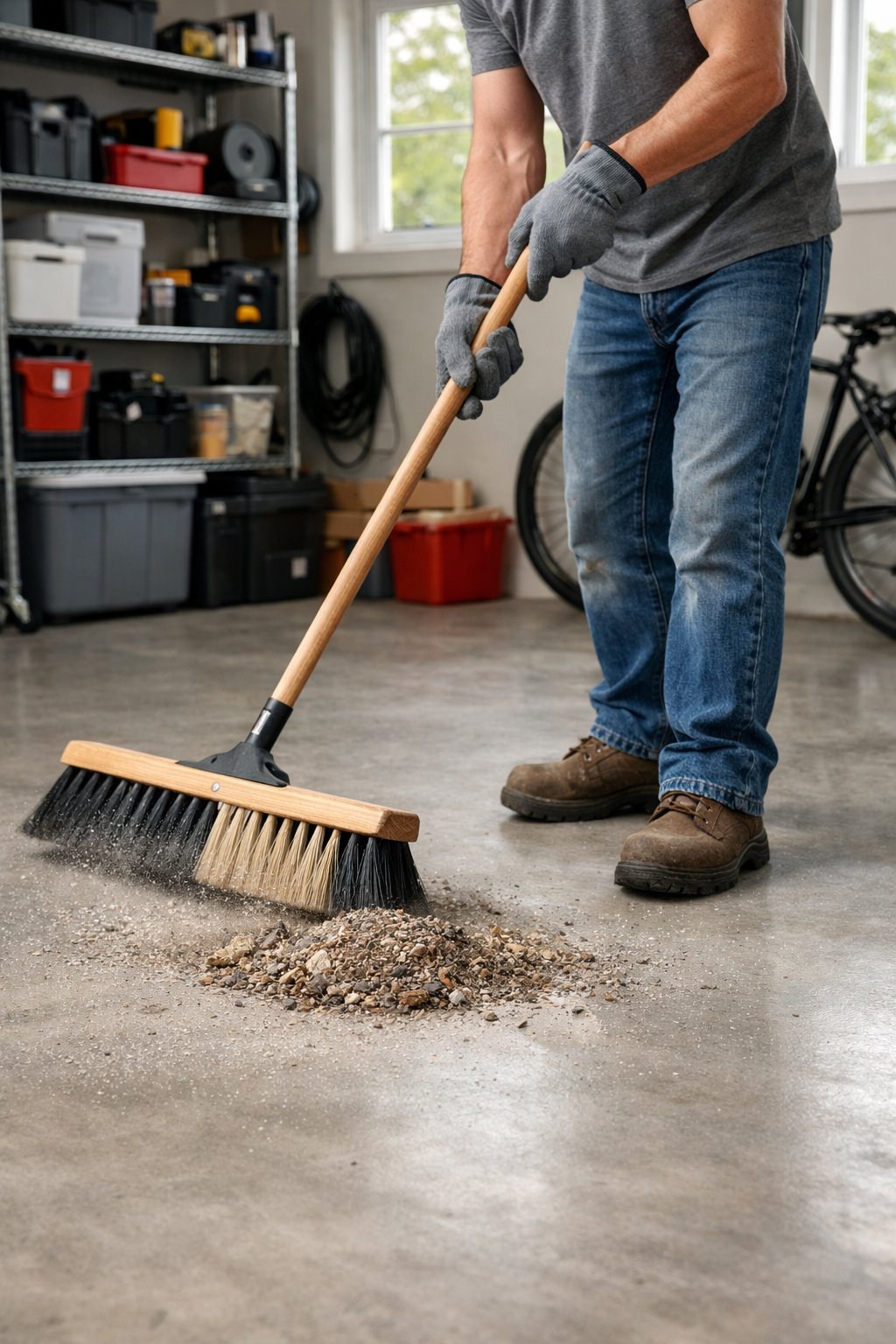 A person sweeping dust and debris from a clean garage floor in a well-lit garage with organized shelves and storage.