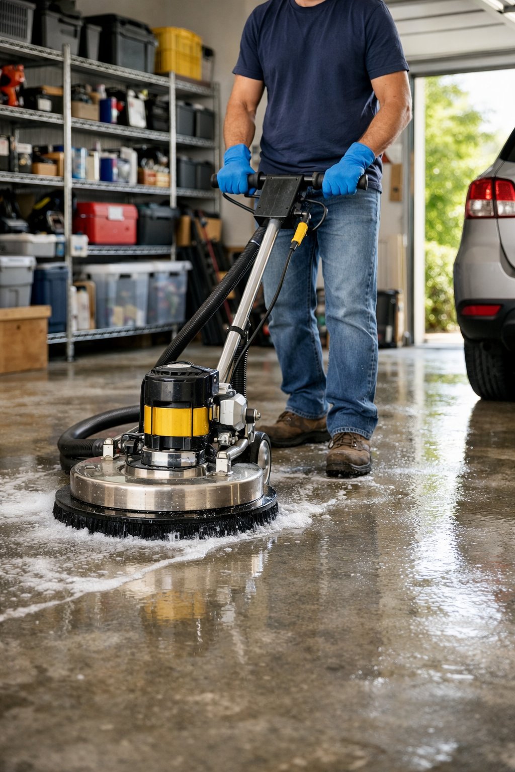 Person cleaning a concrete garage floor with a heavy-duty floor cleaner in a bright garage with tools and storage shelves.