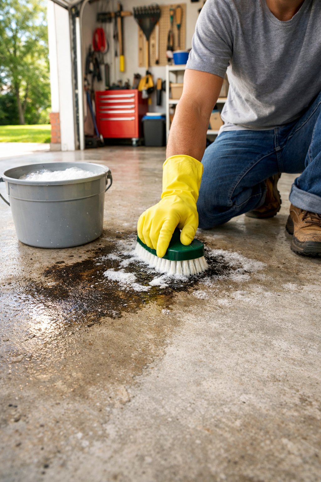Person scrubbing oil stains on a garage floor with cleaning supplies nearby.