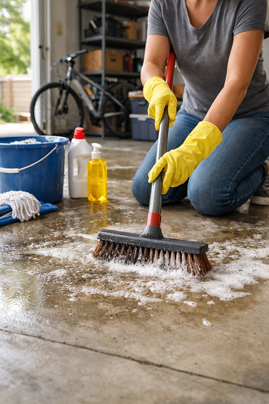 Person scrubbing a garage floor with a stiff broom surrounded by cleaning supplies and organized tools.
