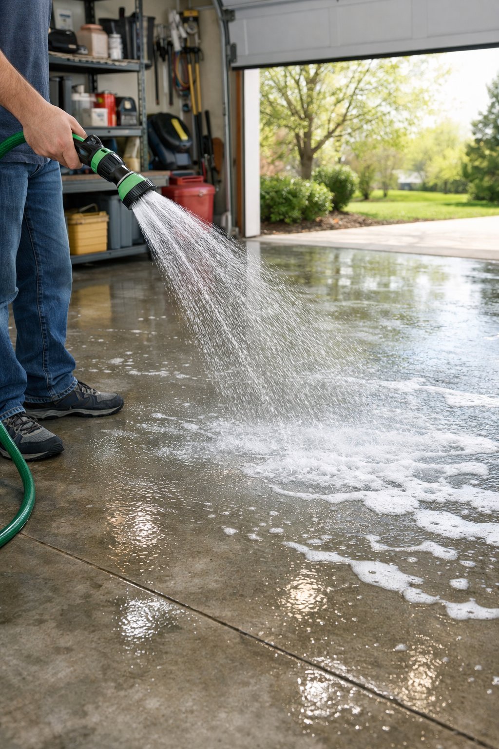 Person rinsing a garage floor with a garden hose inside a garage on a bright spring day.