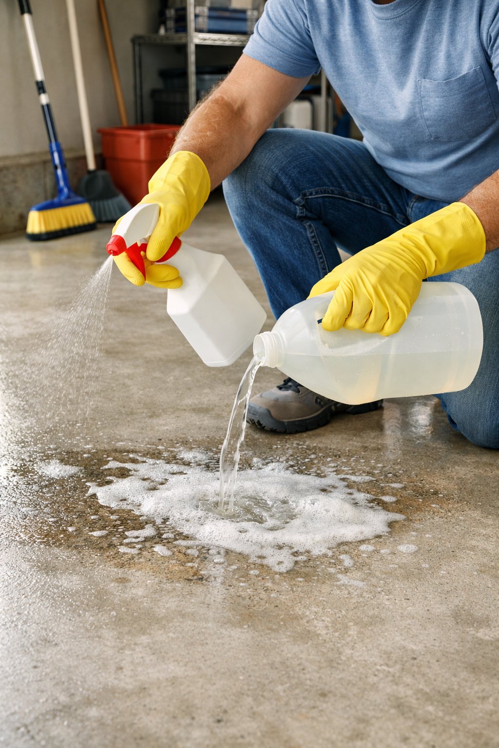 Person wearing gloves applying degreaser to a clean garage floor in a bright, organized garage.