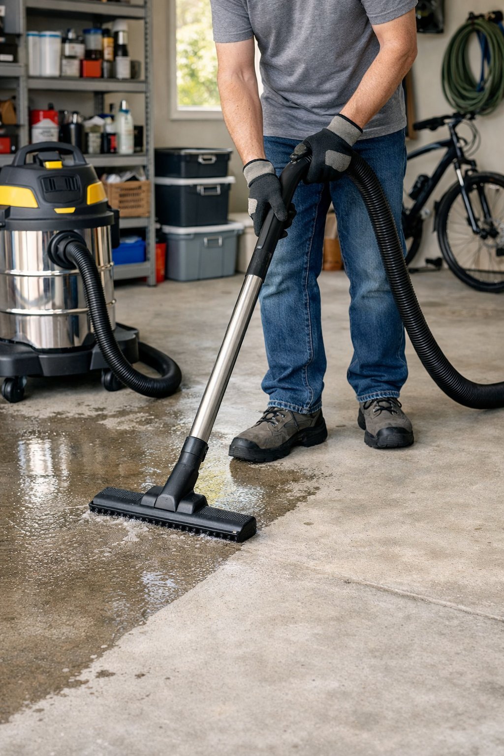Person using a wet/dry vacuum to clean a garage floor in a bright, organized garage.