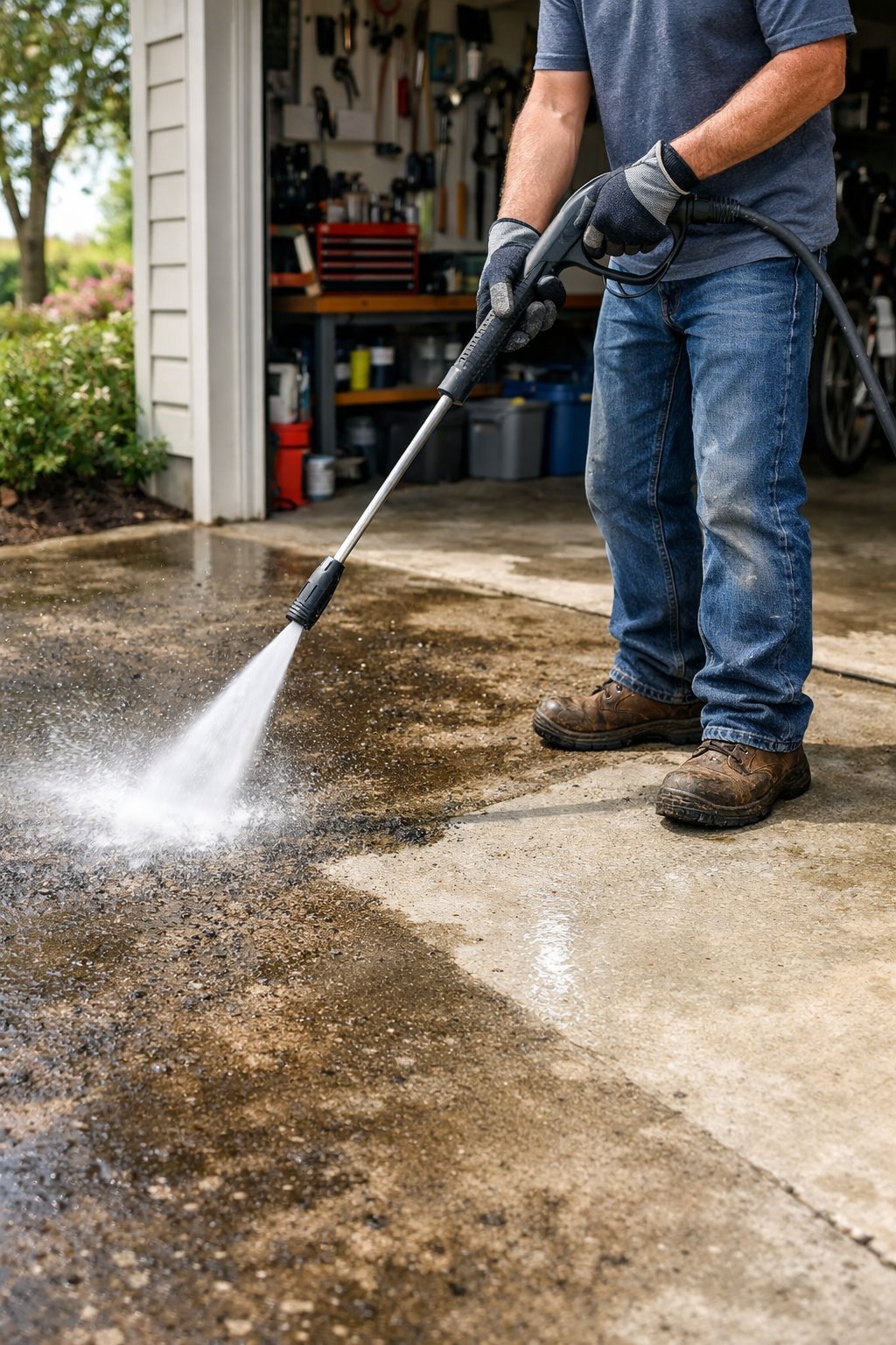 Person pressure washing a grimy garage floor, cleaning dirt away with water spray.