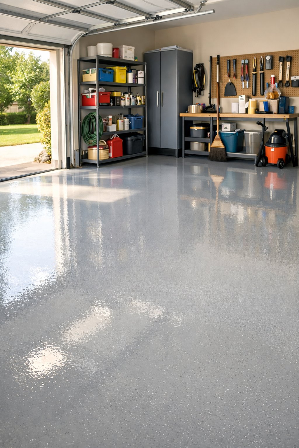 A clean garage with a shiny epoxy-coated floor and organized storage shelves in the background.
