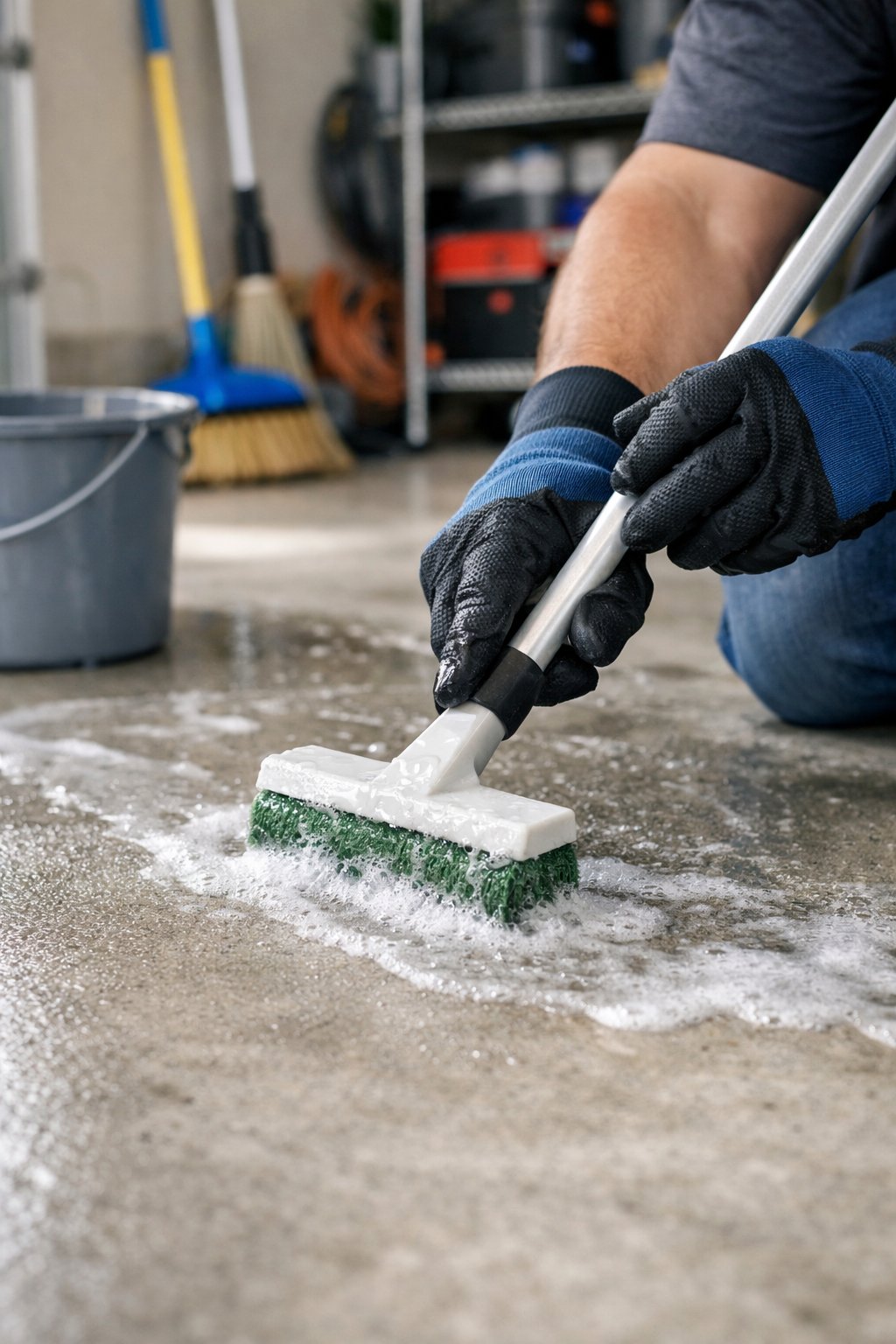 Person applying concrete etcher to a garage floor with cleaning tools nearby in a tidy garage.