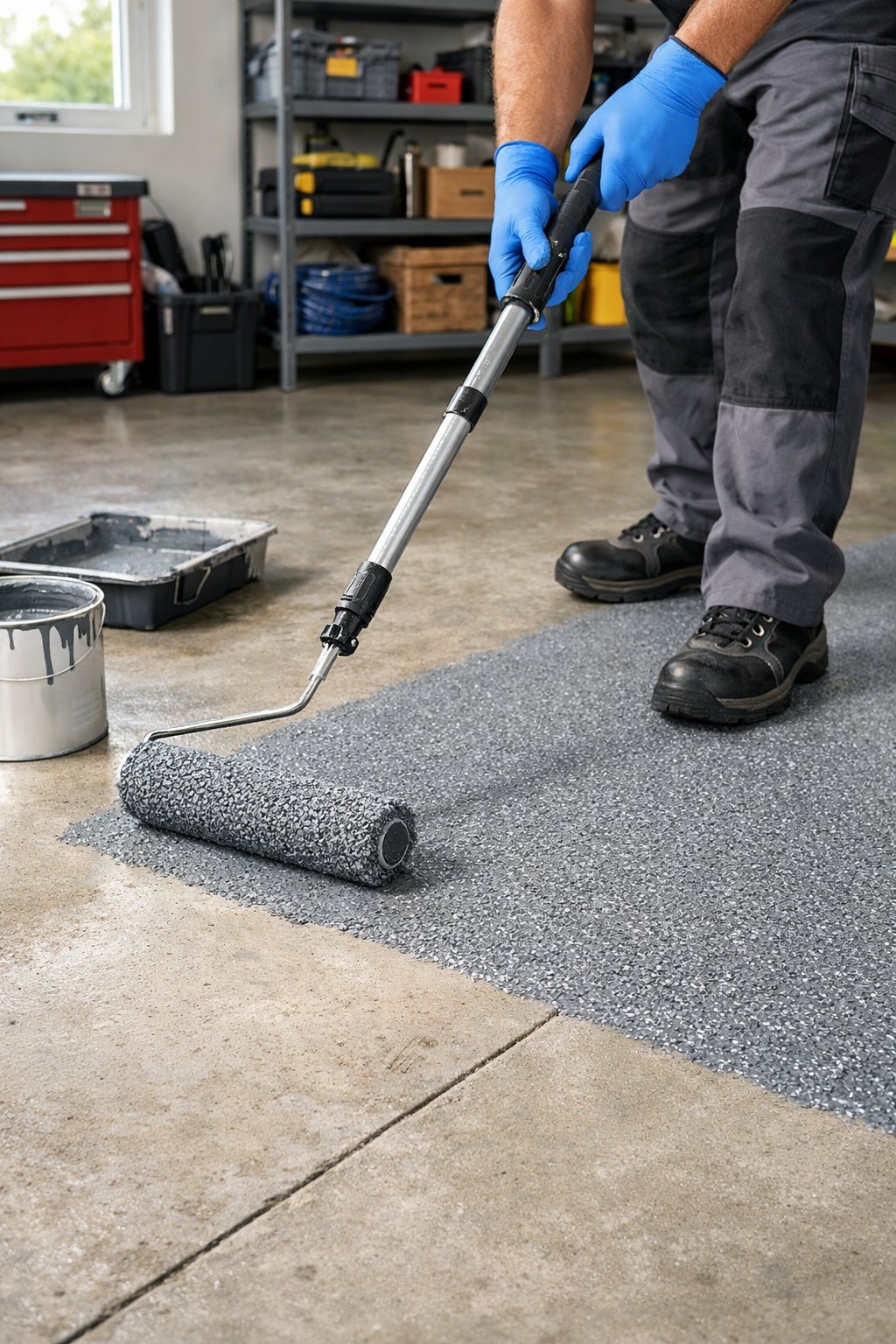 Person applying anti-slip paint with a roller on a garage floor in a clean, organized garage.