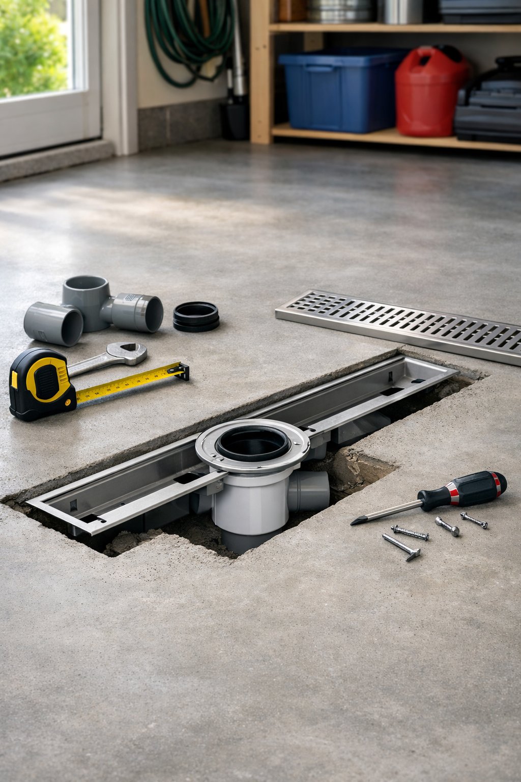 A garage floor with a recessed floor drain being installed, surrounded by tools and clean concrete flooring.
