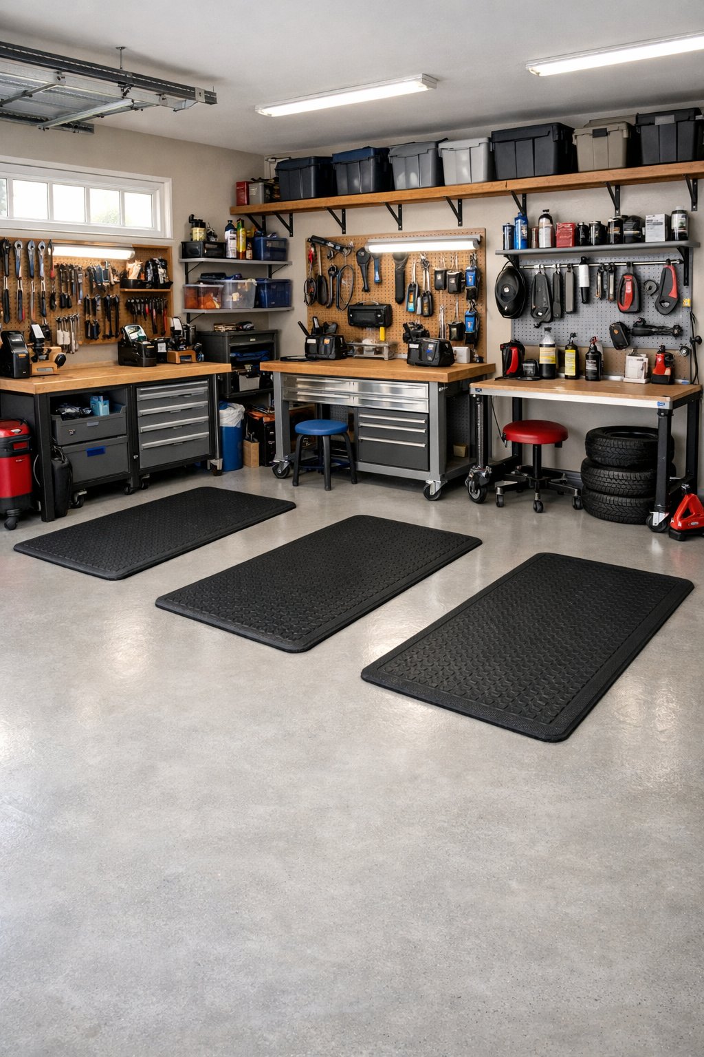 A clean garage workspace with rubber mats placed near workstations and tools arranged on shelves.