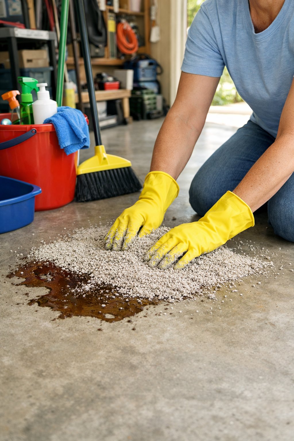 Person spreading absorbent kitty litter on a fresh spill on a clean garage floor with cleaning supplies nearby.