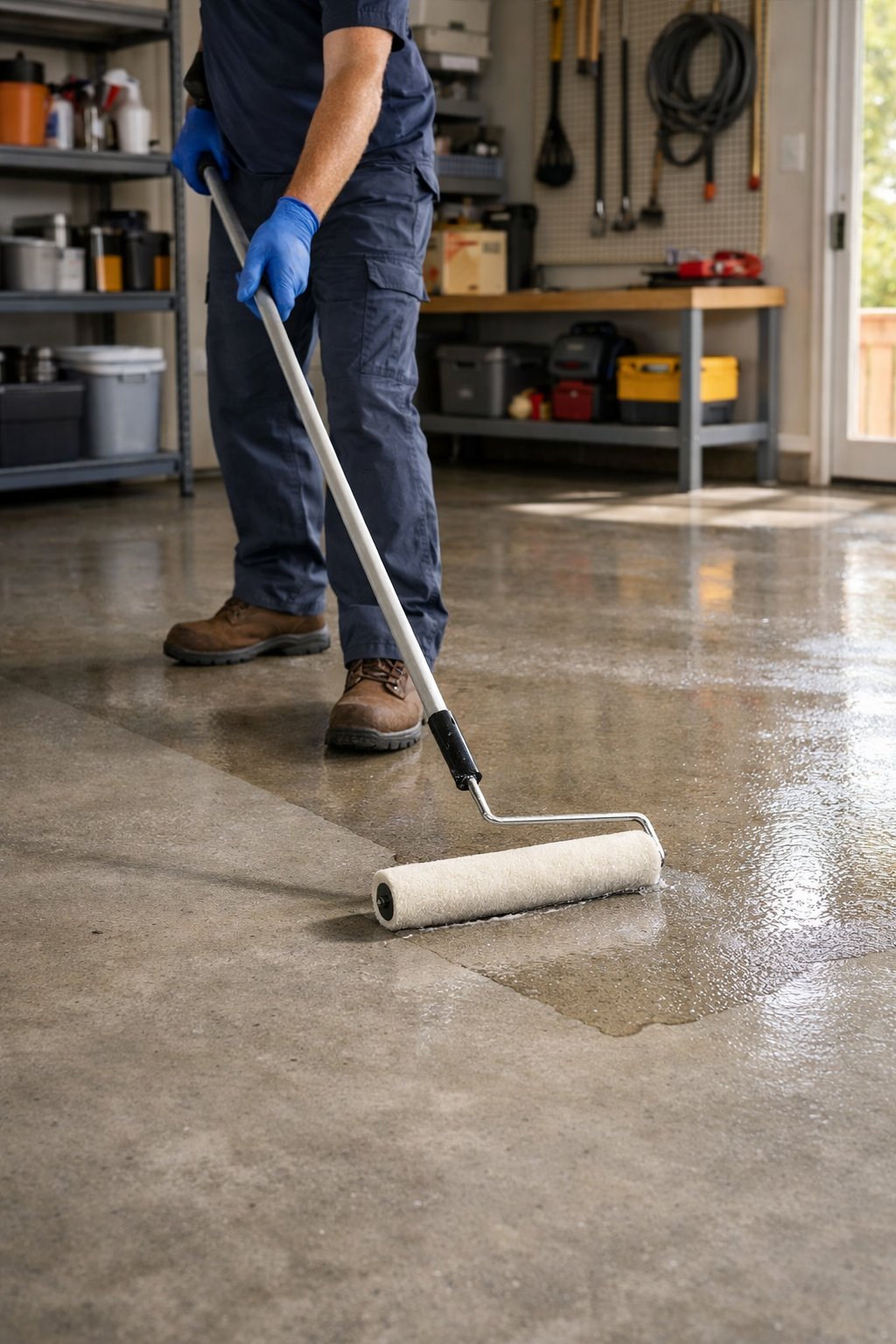 Person applying concrete sealer to a clean garage floor with a roller in a tidy garage.