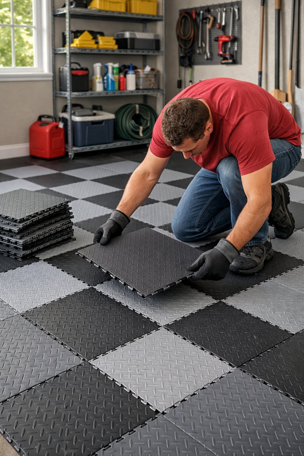 Person installing interlocking floor tiles in a clean and organized garage with tools and supplies on shelves.