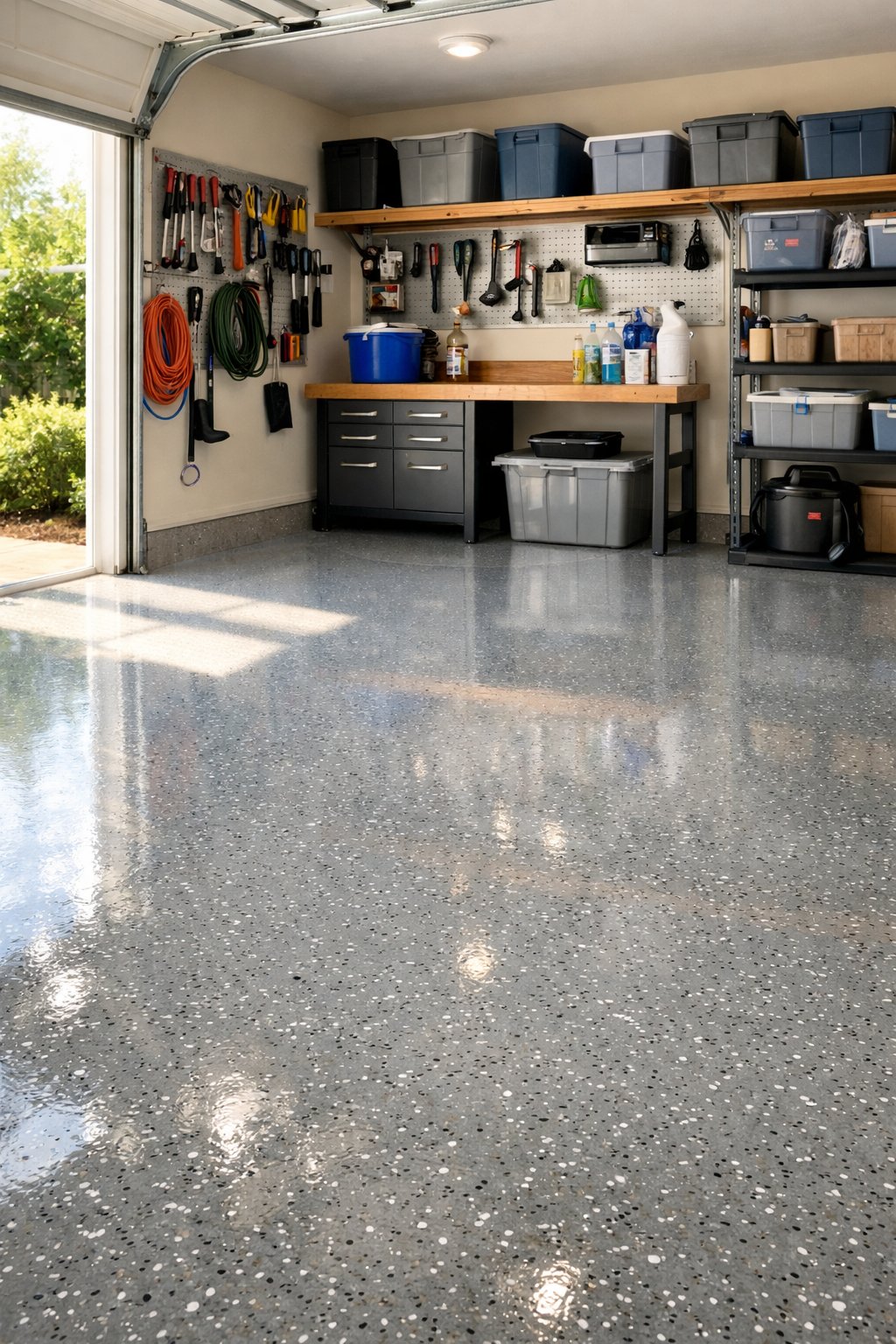 A clean and organized garage with a freshly painted glossy floor and natural light coming through the windows.