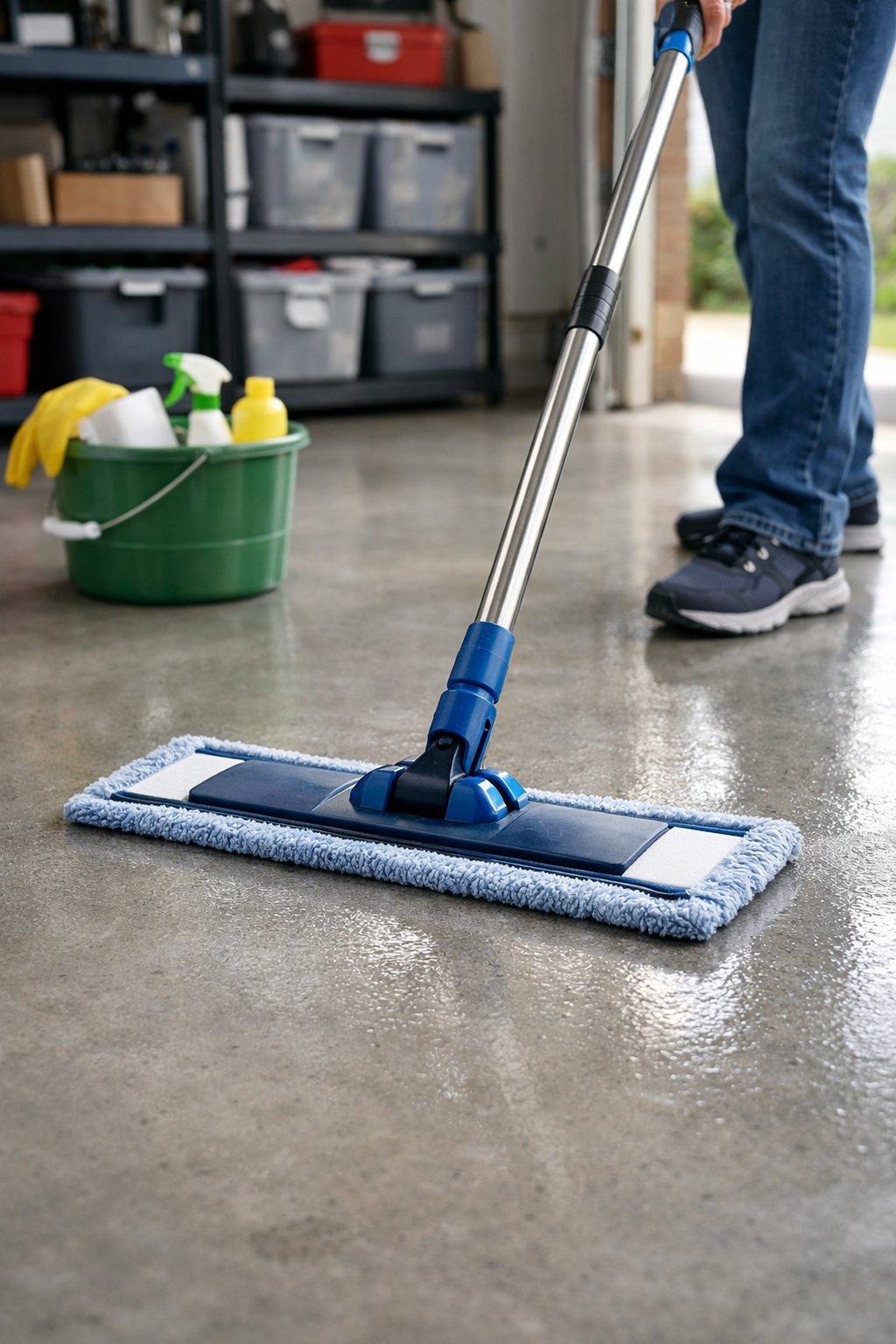 Person cleaning a garage floor with a microfiber mop in a tidy garage with organized shelves and cleaning supplies.