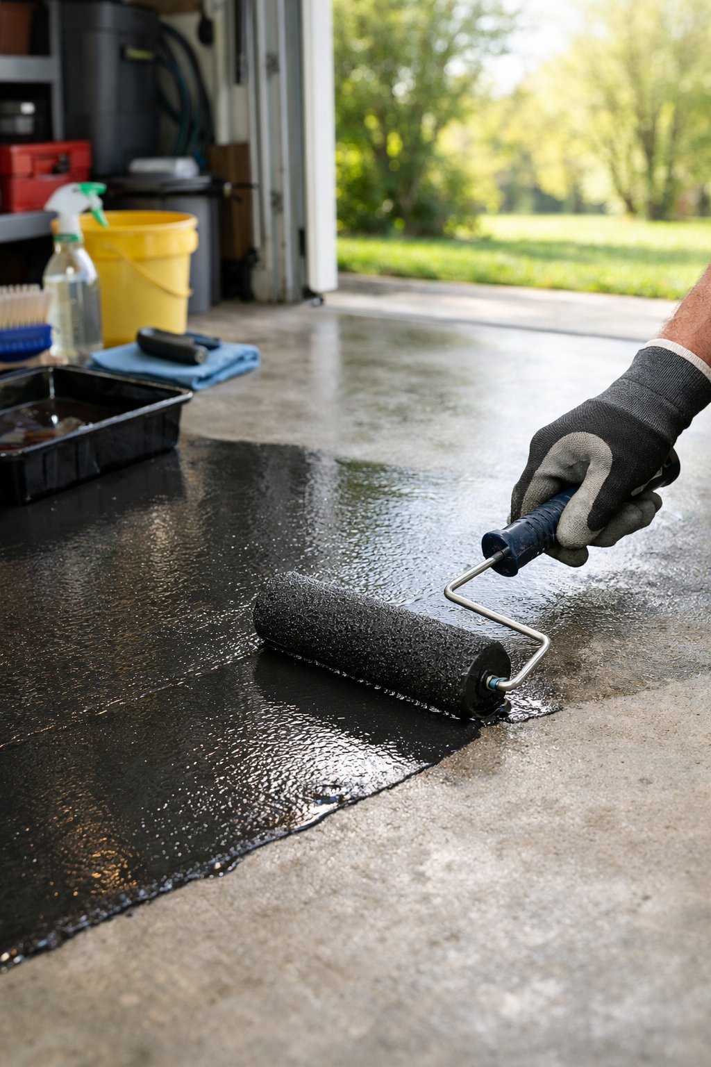 Person applying moisture barrier coating to a clean garage floor with tools and an open garage door showing spring greenery outside.
