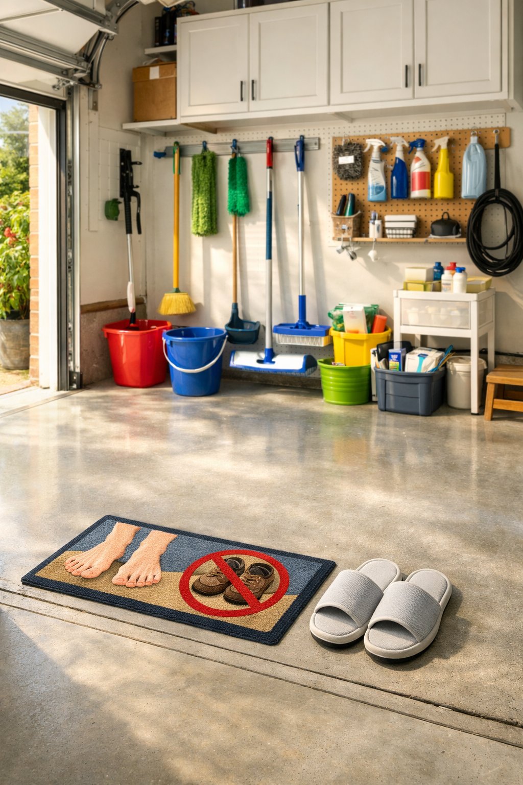 A clean and organized garage with a spotless floor, cleaning supplies neatly arranged, and slippers placed near the entrance.