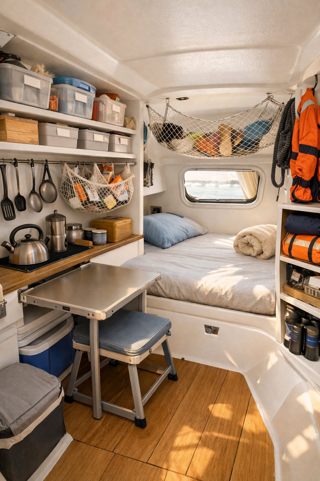 A tidy small boat cabin with organized shelves, storage bins, and neatly arranged boating equipment.
