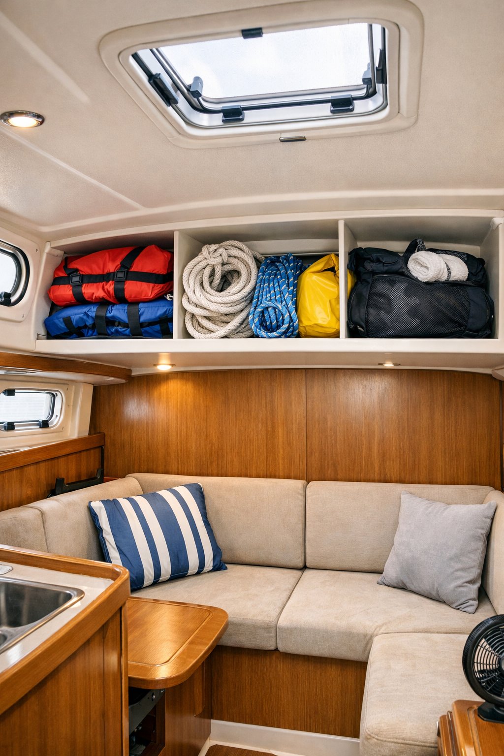 Interior of a small boat cabin with overhead storage compartments holding boating gear, showing a tidy and organized space.