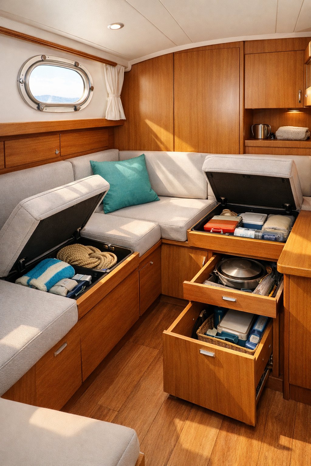 A small boat cabin with multi-functional furniture and hidden storage, showing a neat and organized interior with wooden surfaces and natural light.