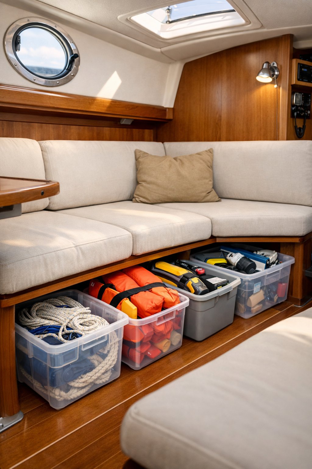 Small boat cabin interior with under-seat storage bins neatly organized beneath cushioned bench seats.
