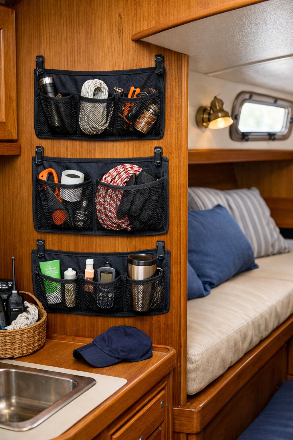 Small boat cabin interior with mesh organizers hanging on wooden walls holding various small items.