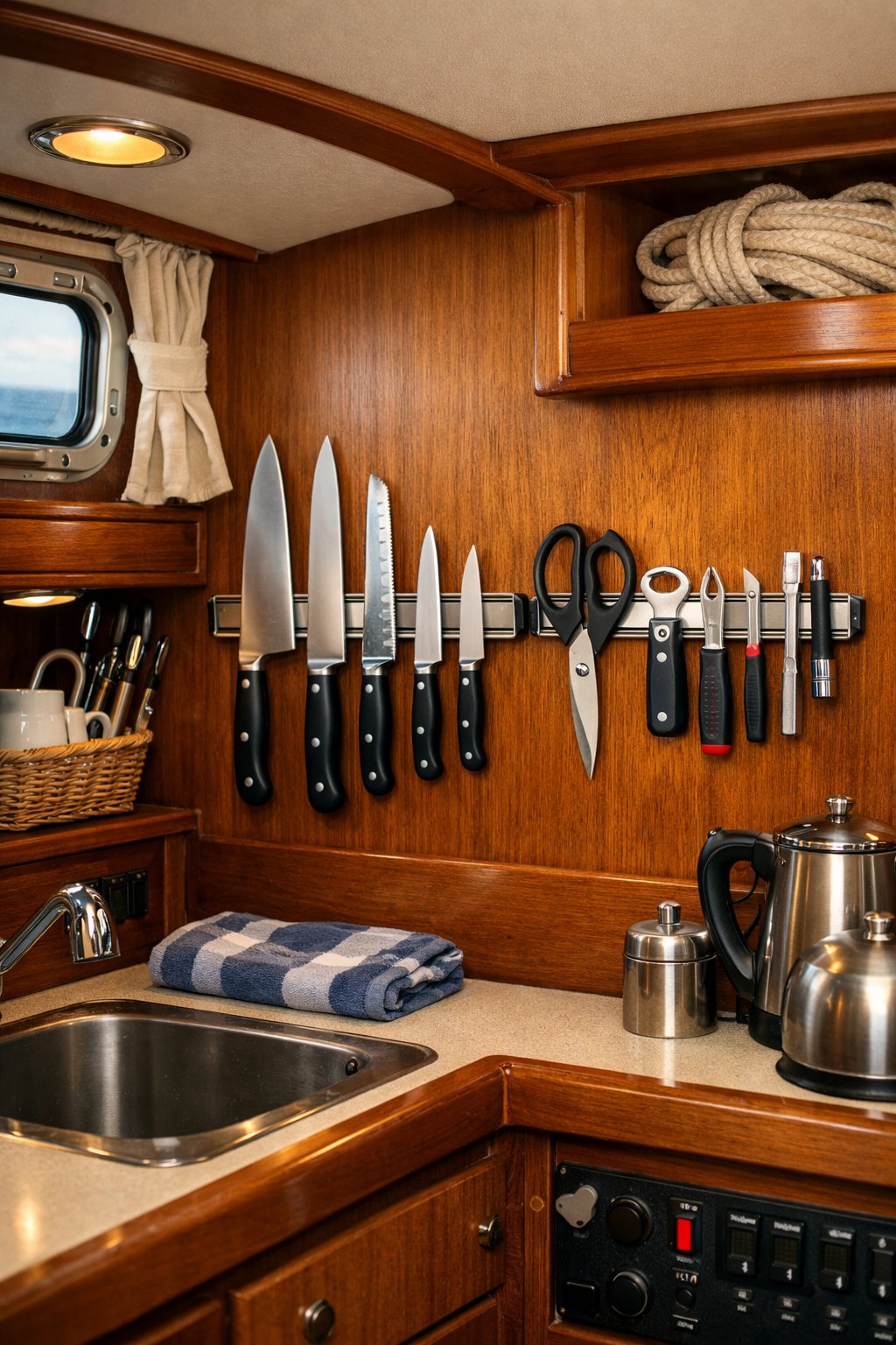 Interior of a small boat cabin with magnetic strips holding knives and tools neatly arranged on a wooden wall.
