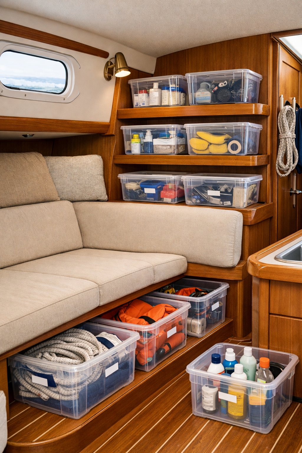 Small boat cabin interior with clear storage bins neatly arranged on shelves, containing boating essentials.
