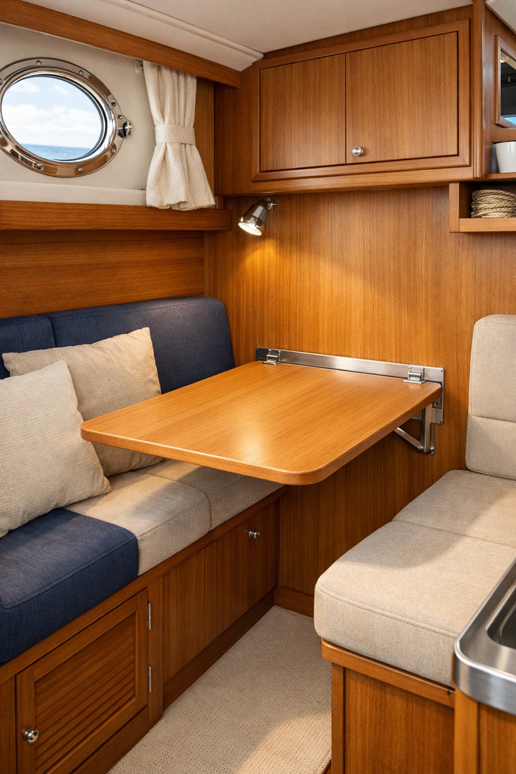 Small boat cabin interior with a fold-down table mounted on the wall, surrounded by seating and storage compartments.