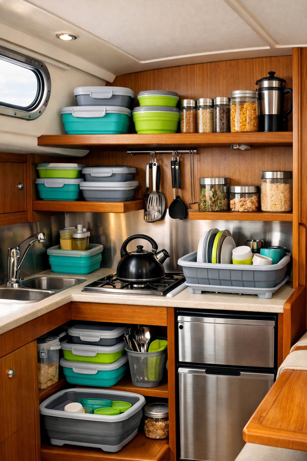 Interior of a small boat cabin galley with collapsible containers neatly organizing kitchen items on shelves and in cabinets.