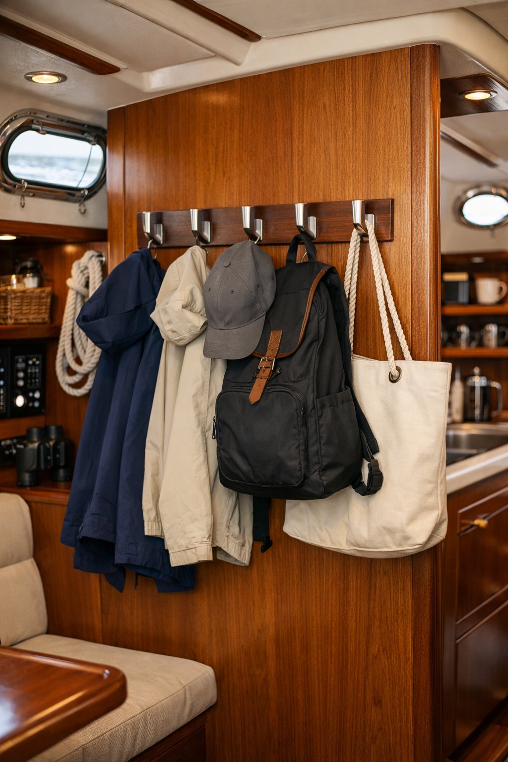 Small boat cabin interior with hooks on the wall holding jackets and bags, showing an organized and tidy space.