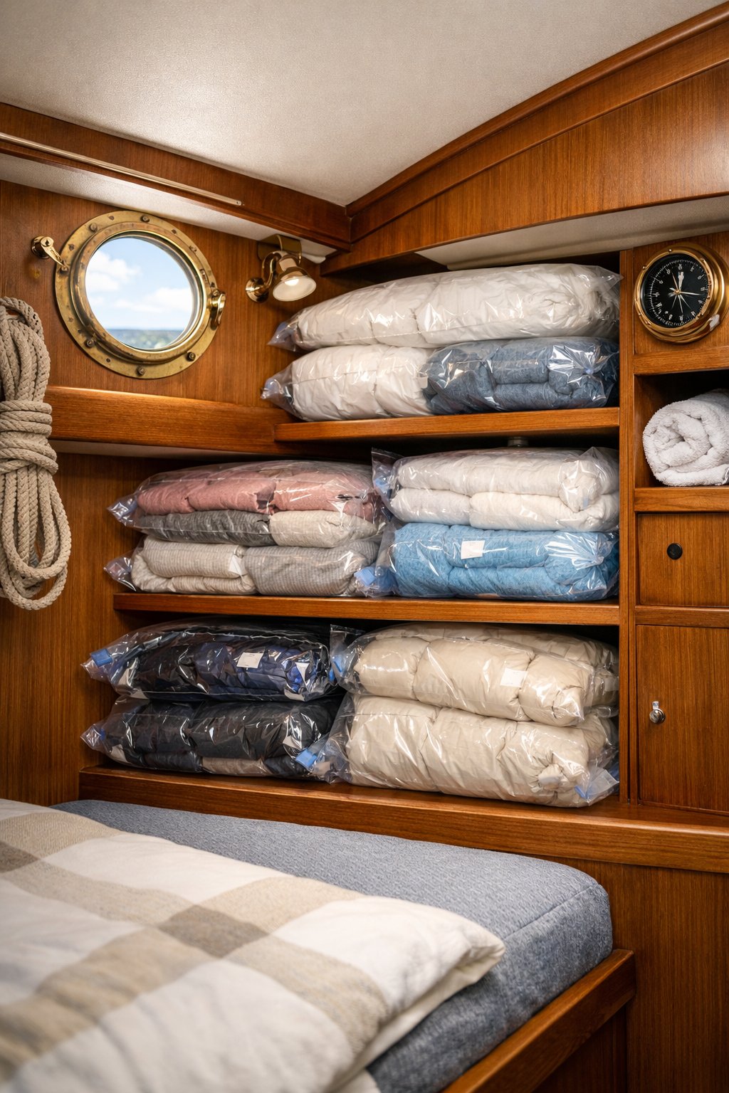Small boat cabin interior with vacuum bags filled with clothes and bedding neatly stored in compact compartments.