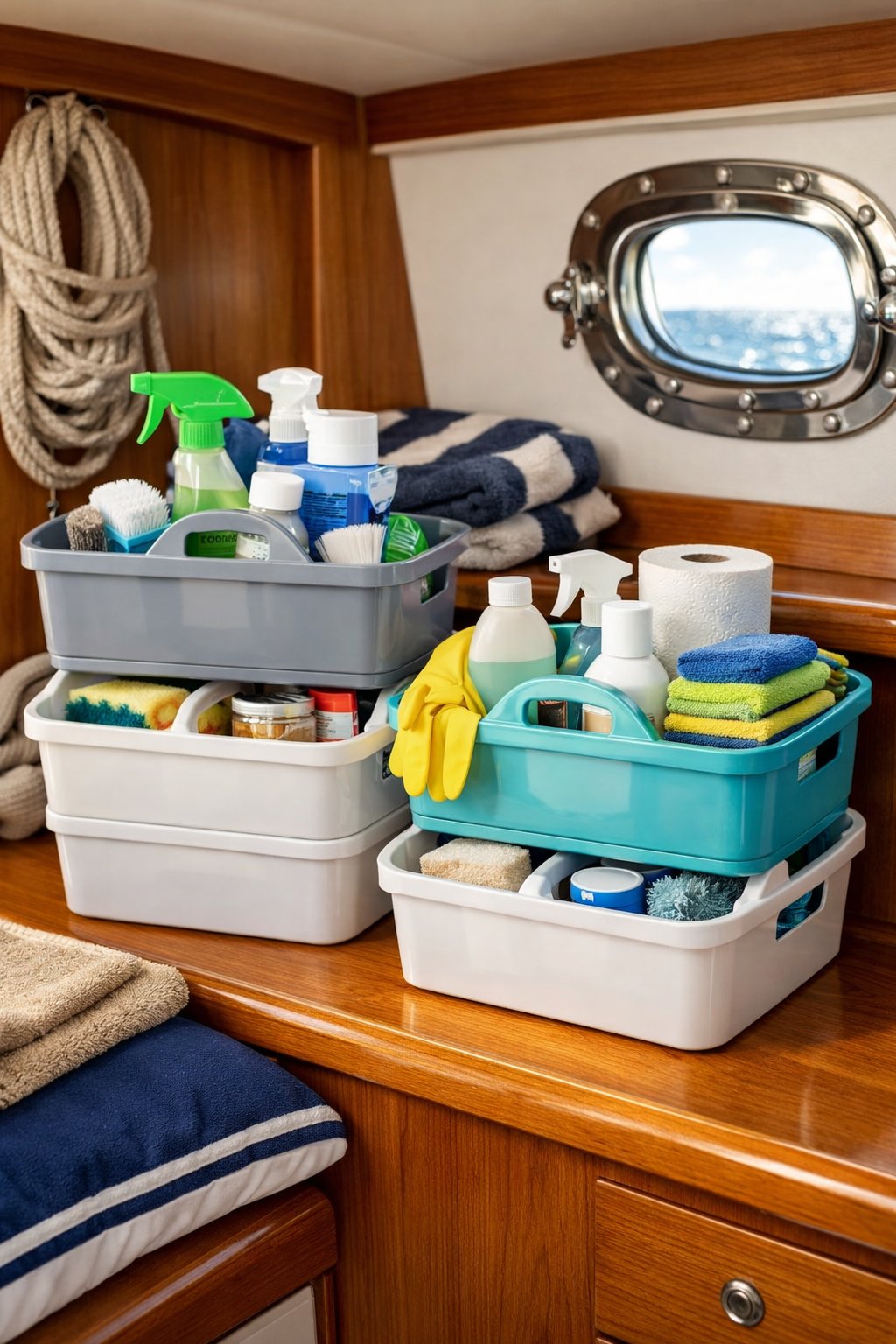 Small boat cabin interior showing cleaning supplies neatly organized in stackable caddies on a wooden shelf.