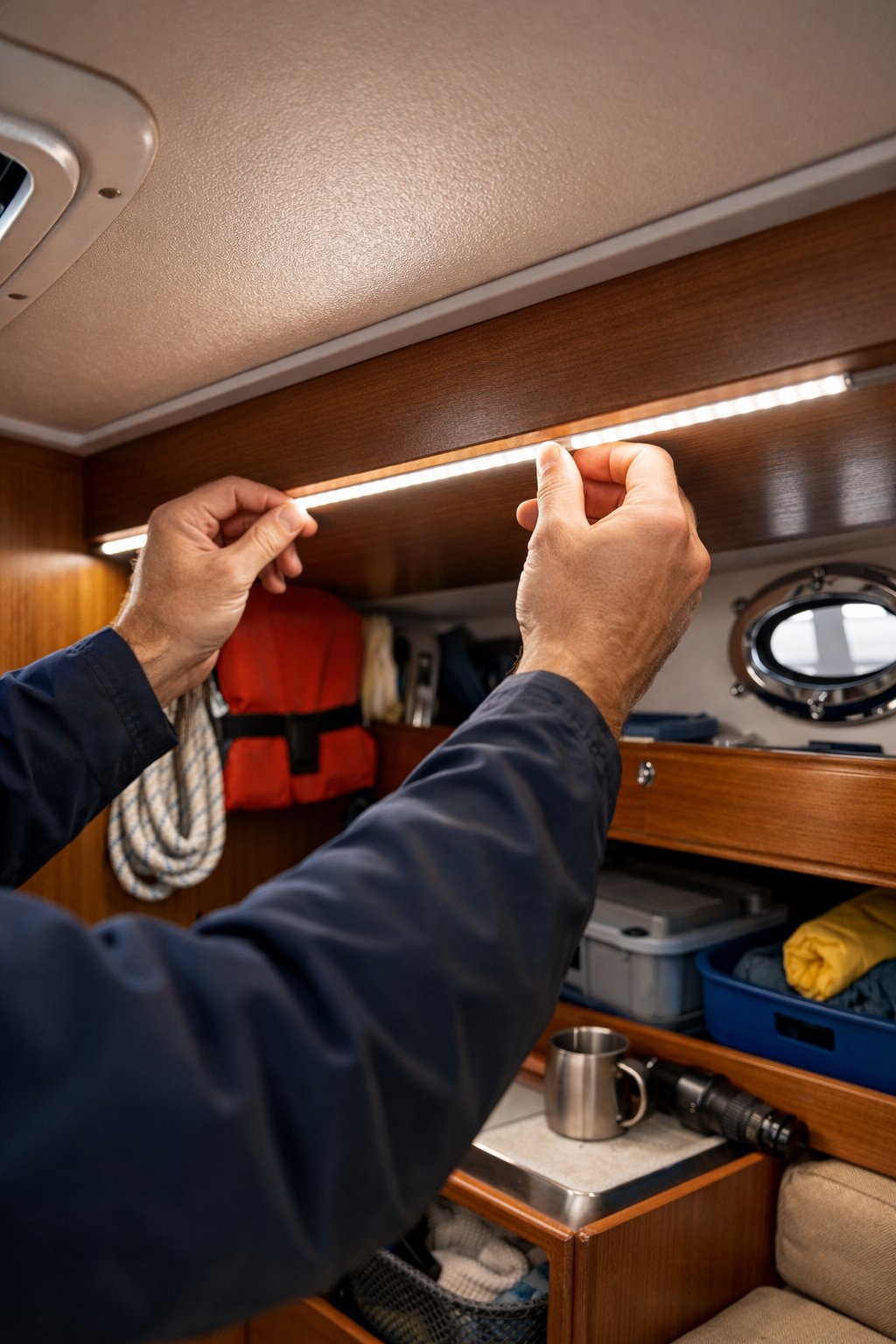 Person installing LED strip lights inside a small boat cabin to improve visibility.