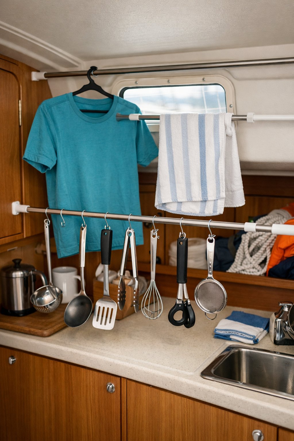 Small boat cabin interior with tension rods used to hang kitchen utensils and clothes, showing an organized and tidy space.