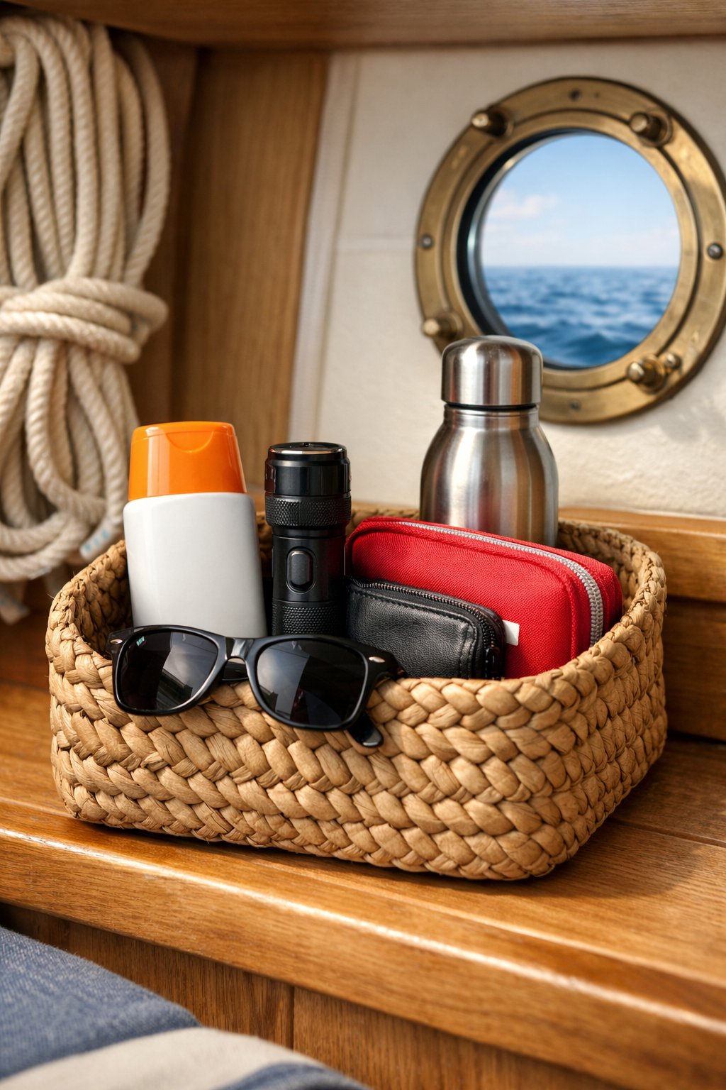 A woven basket with daily essentials like sunscreen, flashlight, water bottle, first aid kit, and sunglasses inside a small boat cabin with wooden walls and a porthole.