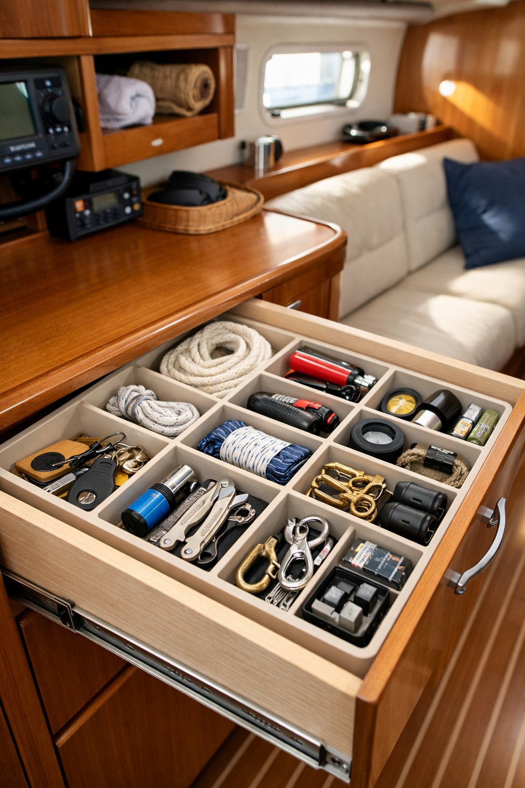 A small boat cabin drawer with divided compartments neatly storing various small items like keys and tools.