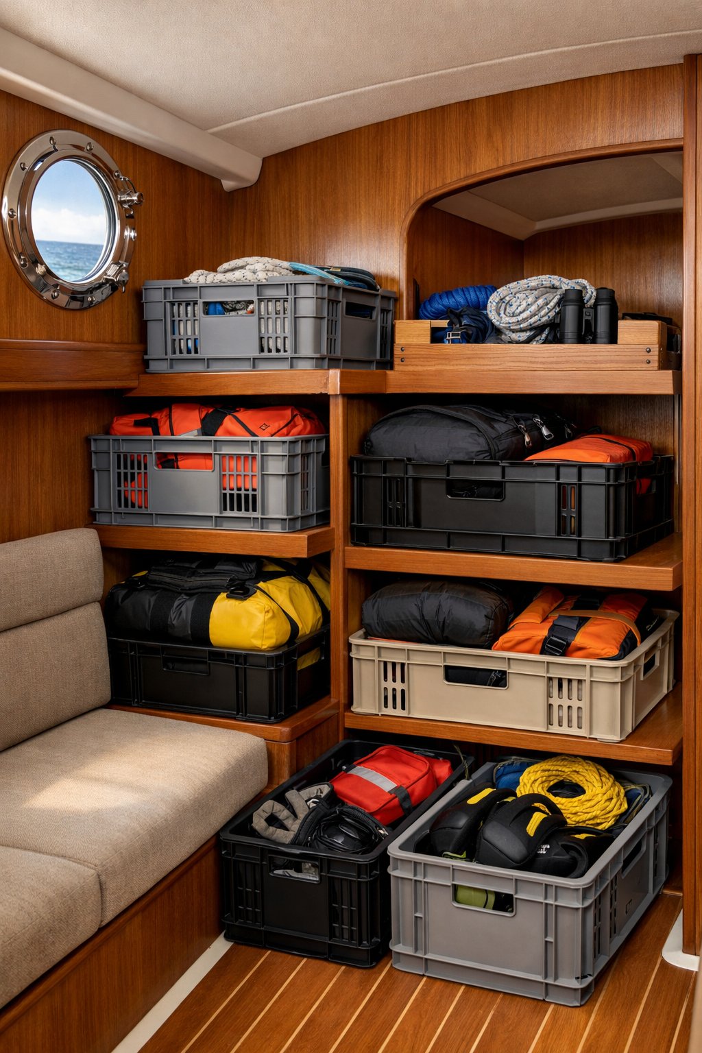 Interior of a small boat cabin organized with stackable crates holding boating gear.