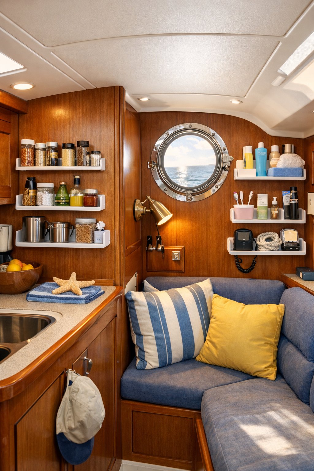 Interior of a small boat cabin with removable adhesive shelves holding various items to keep the space organized and clutter-free.