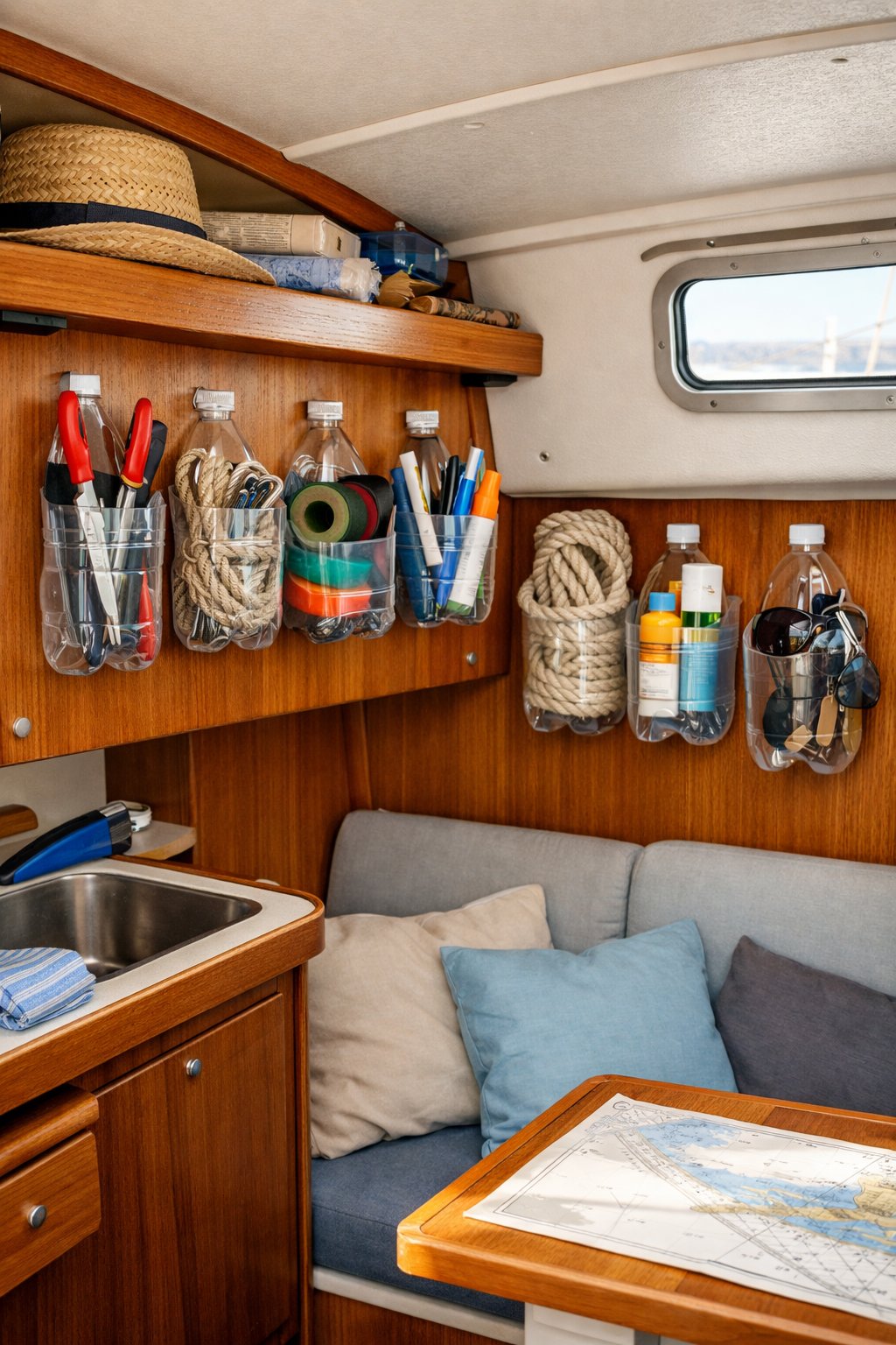 Small boat cabin interior showing empty plastic bottles repurposed as lightweight storage containers holding various small items.