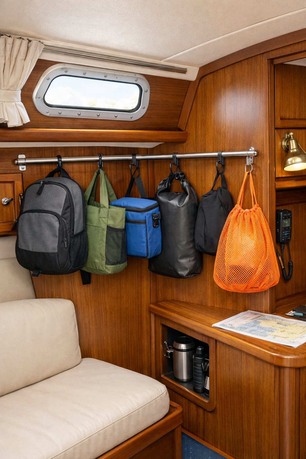 Small boat cabin interior with bags hanging on hooks to save floor space and keep the area organized.