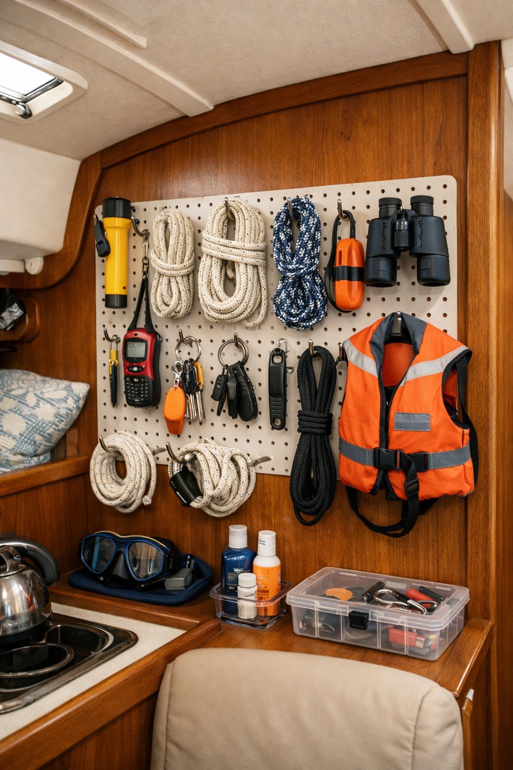 Small boat cabin interior with a pegboard on the wall holding organized boating gear and accessories.
