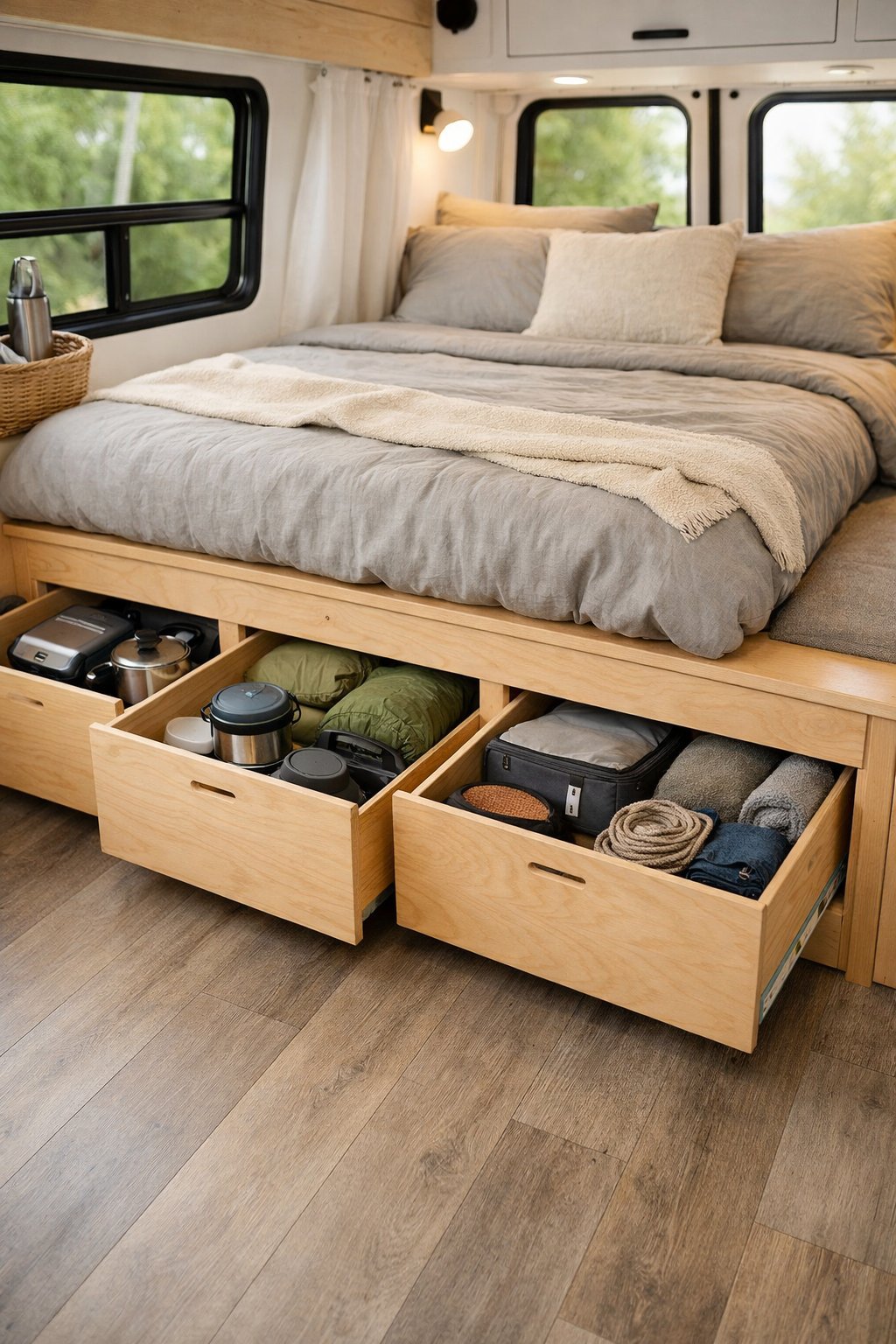 Interior of a camper van showing a custom plywood bed frame with built-in storage drawers open, displaying organized camping gear.