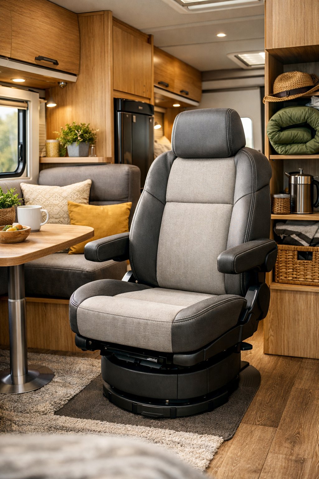 Interior of a camper van with a swivel captain’s chair turned toward the living area, surrounded by wooden cabinets and a small dining table.