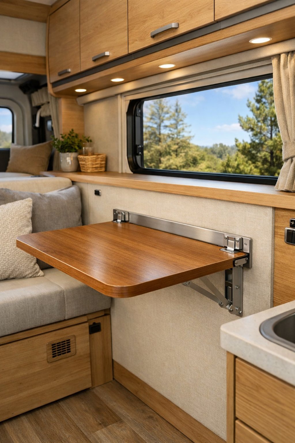 Interior of a camper van showing a fold-out table mounted on the wall with seating and cabinetry around it.