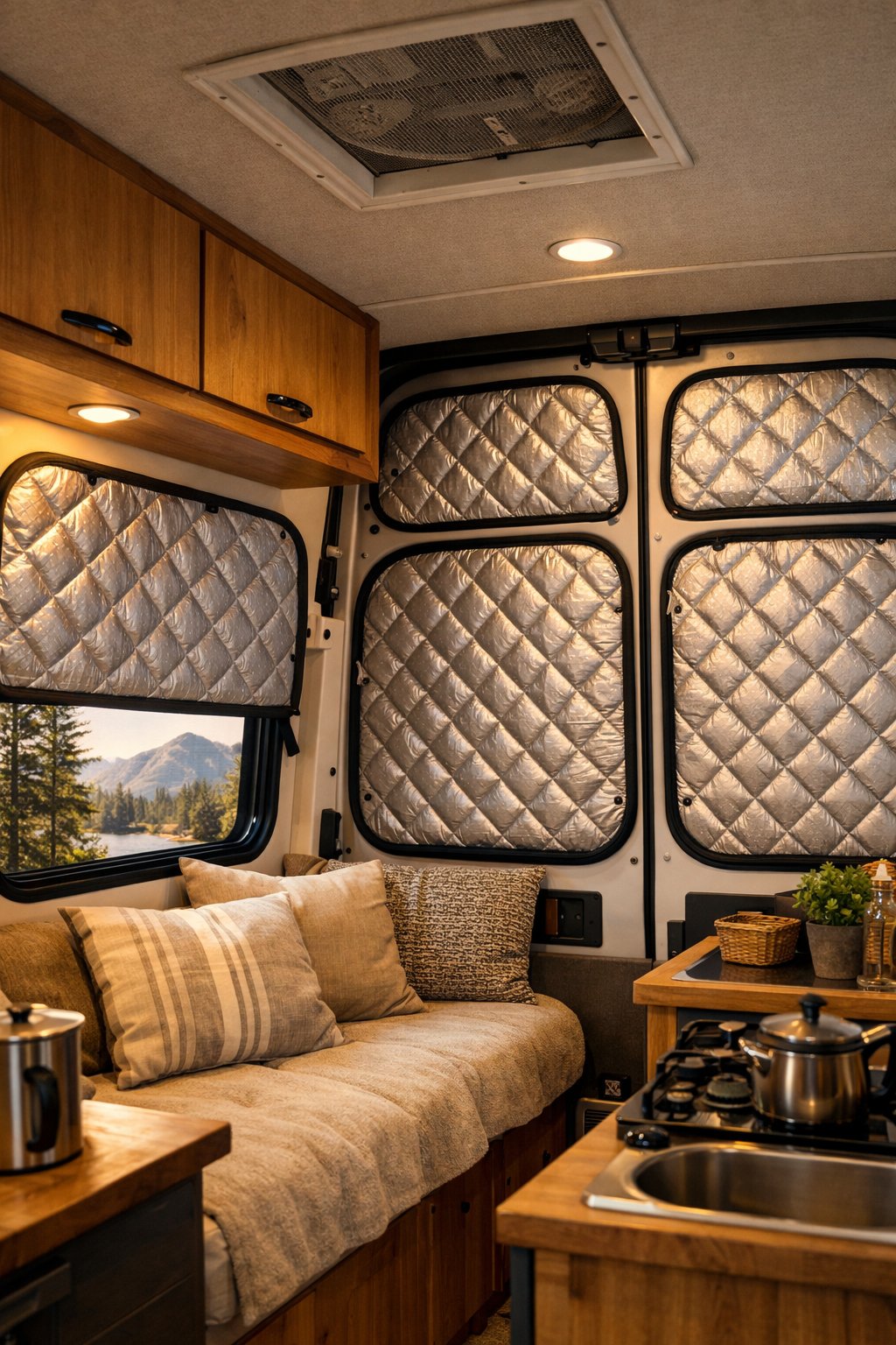 Interior of a camper van with insulated window covers and a natural landscape visible outside.