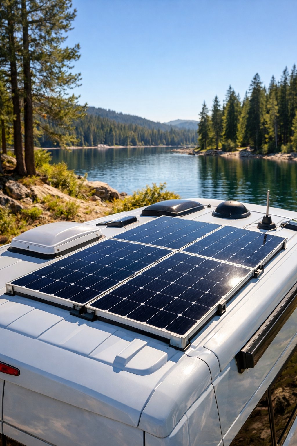 Camper van parked outdoors with solar panels installed on its roof under clear blue skies.