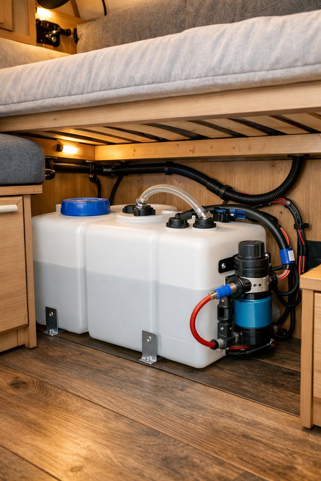 Under-bed water tank with pump installed inside a camper van beneath a wooden bed frame.