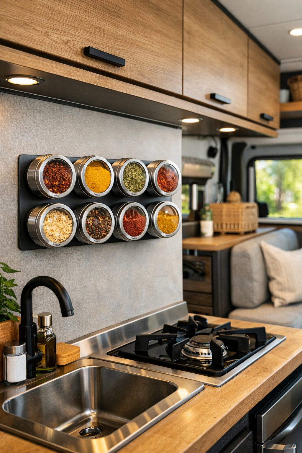Interior of a camper van kitchen with a magnetic spice rack holding colorful spice jars on the wall.